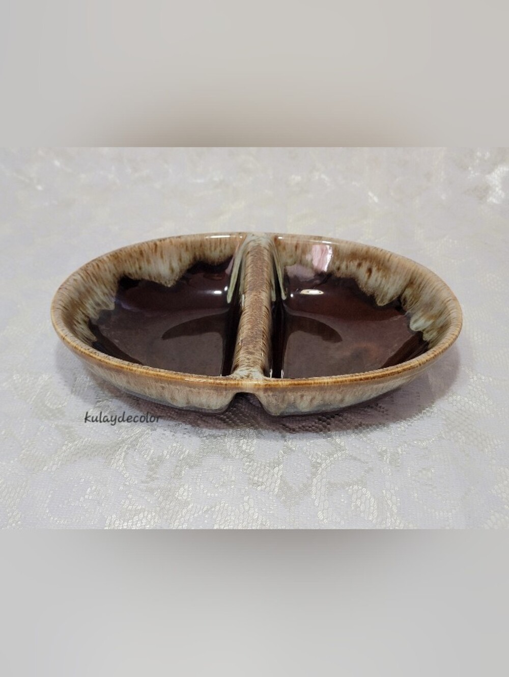 Vintage Canonsburg Carefree Ironstone Divided Serving Dish Brown Drip Glaze USA